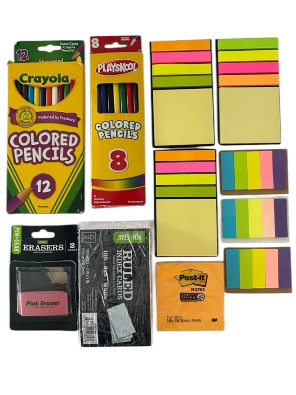 🦋 5/$25 - School Supplies: Color Pencils, Sticky Notes, Index Cards, Pink Eraser